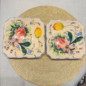 Set of two Vintage Italian Majolica Handpainted Nove Rose Floral Plates